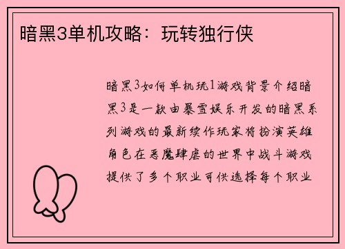 暗黑3单机攻略:玩转独行侠